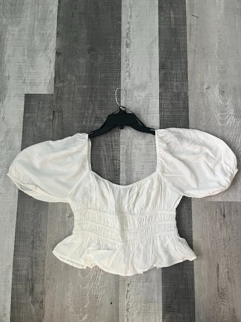 Forever 21 White Smocked Puff Sleeve Peplum Top